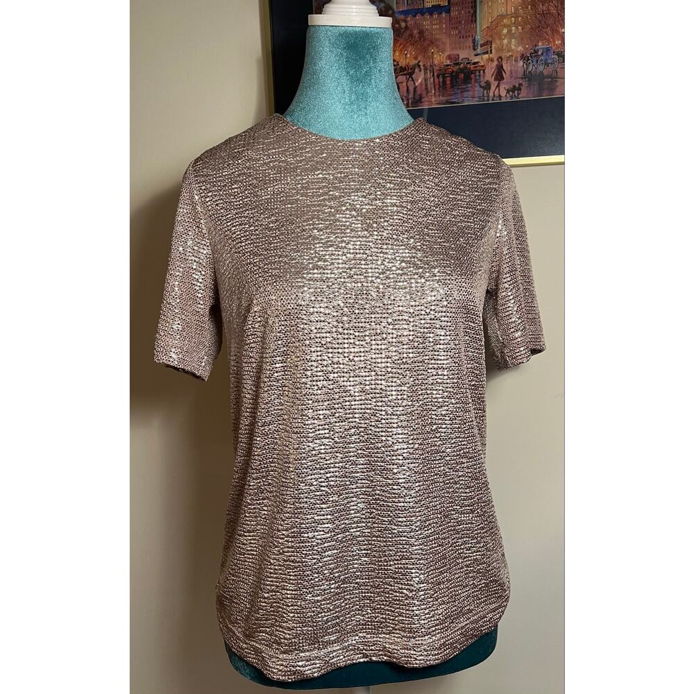 Monteau Los Angeles Silver Pink Metallic Short Sleeve Blouse, small